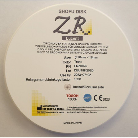 Z0026 SHOFU DISK ZR LUCENT 18MM TRANS