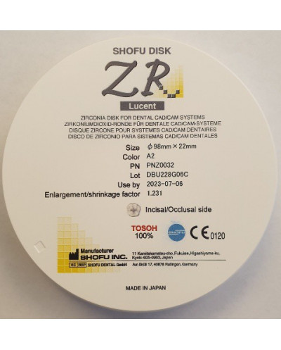 Z0032 SHOFU DISK ZR LUCENT 22MM A2